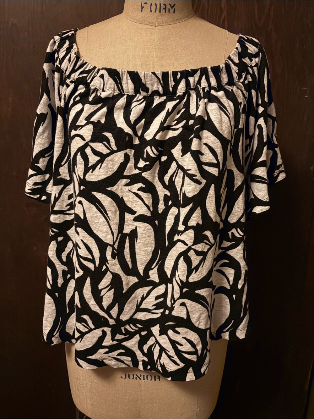 Chico's Black and White Leaf-Print Off-Shoulder Blouse